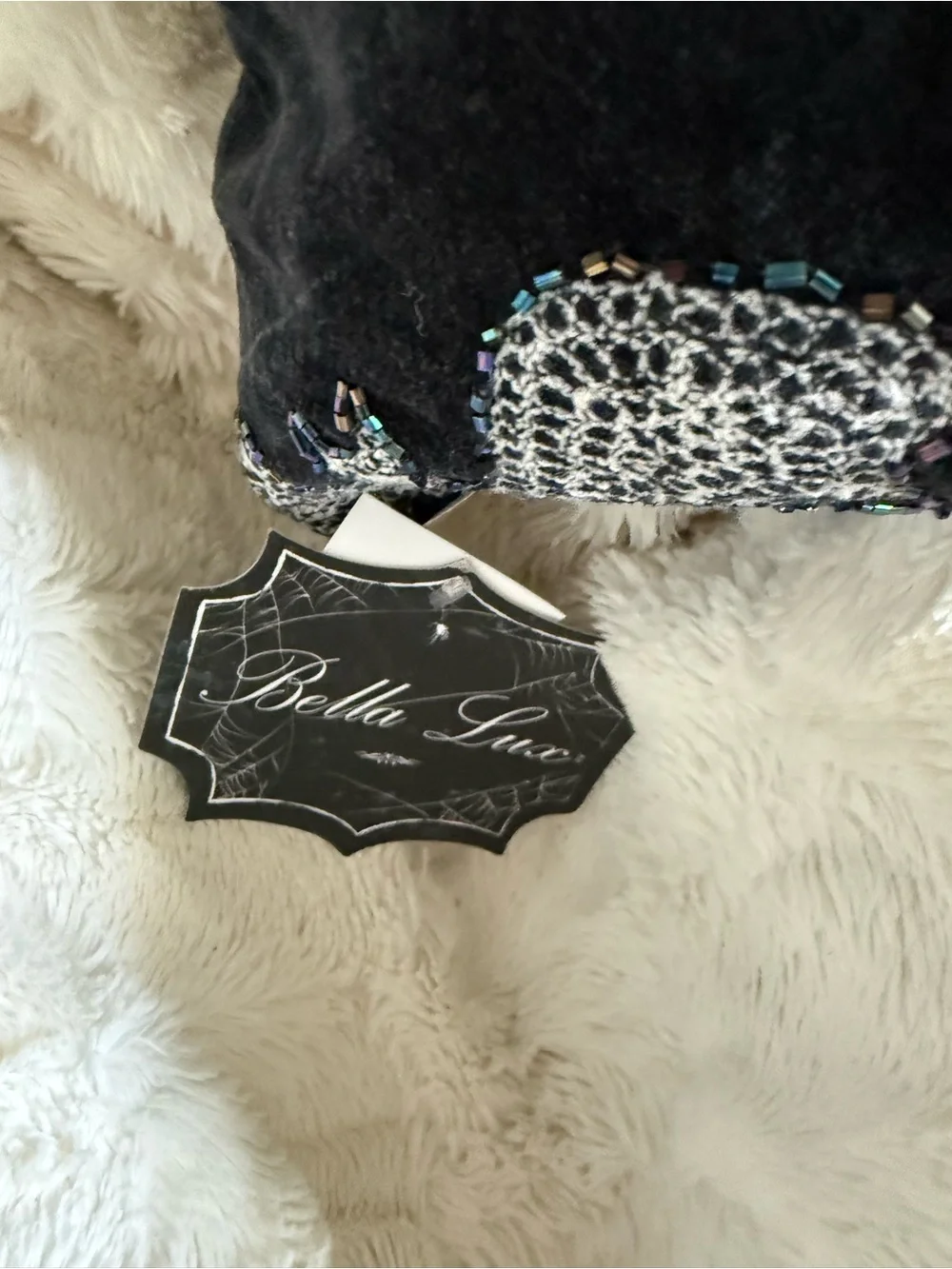Bella Lux- black velvet pillow, bat hand sewn with iridescent beads